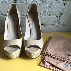 Miu Miu Pink/Tan High Heel Peep Toe Block Heel Wicker EUR 36.6 US 6